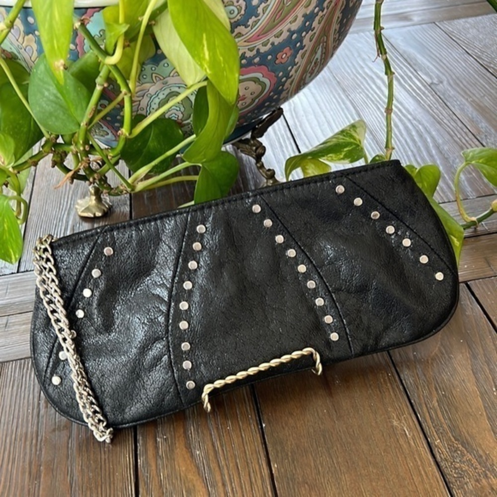 Divided H&M blk vegan leather silver stud clutch w/chain handle clutch/wristlet
